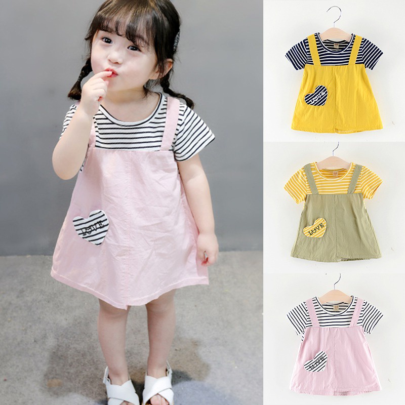 Đầm Ngắn Tay Giả Hai Lớp Họa Tiết Kẻ Sọc Dễ Thương Dành Cho Bé Gái