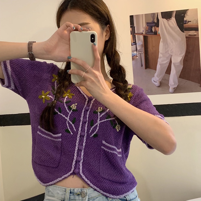 SUXI Áo Croptop Dệt Kim Tay Ngắn Cổ Chữ V Thêu Họa Tiết Thời Trang Mùa Hè Phong Cách Hàn Quốc