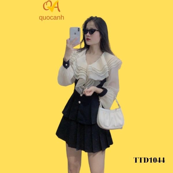 Váy đầm thời trang dạo phố, công sở quocanh, form chuẩn dáng, áo sơ mi đính nút phối voan cổ kiểu, chân váy xếp ly