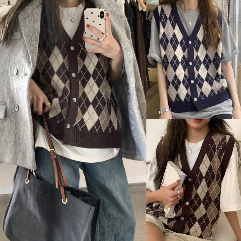 Áo Sweater Dệt Kim Sát Nách Kẻ Sọc Ca Rô Đính Nút Thời Trang Mùa Thu Cho Nữ Dễ Phối Đồ