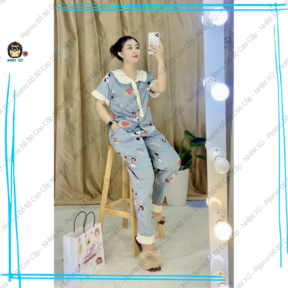 Đồ Bộ Ngủ Pijama Mặc Nhà Quần Dài Áo Tay Ngắn Cổ Bèo Tay Phồng Vải Satin Cao Cấp Mickey | BigBuy360 - bigbuy360.vn