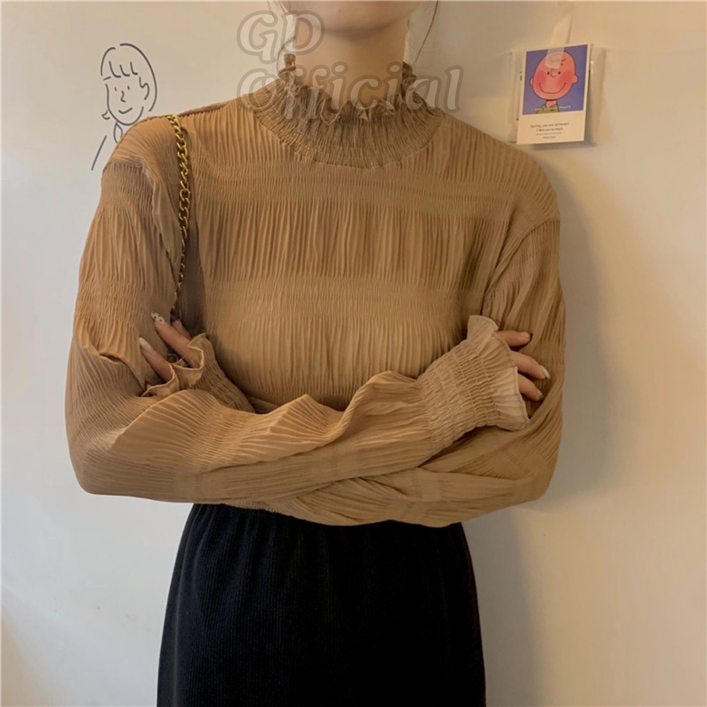 AT1|Áo sơ mi voan cổ cao lọ đứng mặc bên trong áo len tay bèo phồng thun dài ren trắng đen nâu GD Official | BigBuy360 - bigbuy360.vn