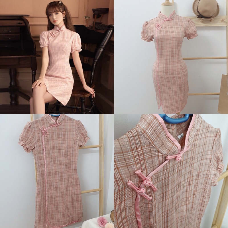 Sườn xám caro Trung Hoa trending dưới 68 kg