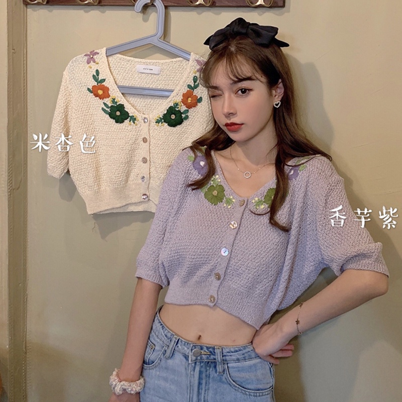 SUXI Áo Dệt Kim Tay Ngắn Phong Cách Vintage Thời Trang Mùa Hè Cho Nữ