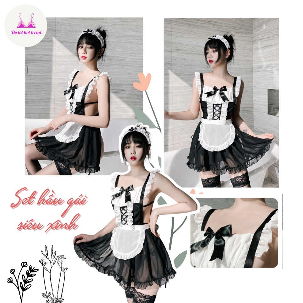 Set đồ ngủ sexy Cosplay hầu gái cao cấp hở lưng cá tính gợi cảm - Tặng kèm bờm tóc, quần lót lọt khe