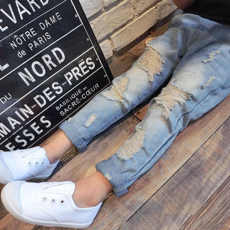 Quần denim dài thiết kế rách gối cá tính thời trang dành cho bé gái