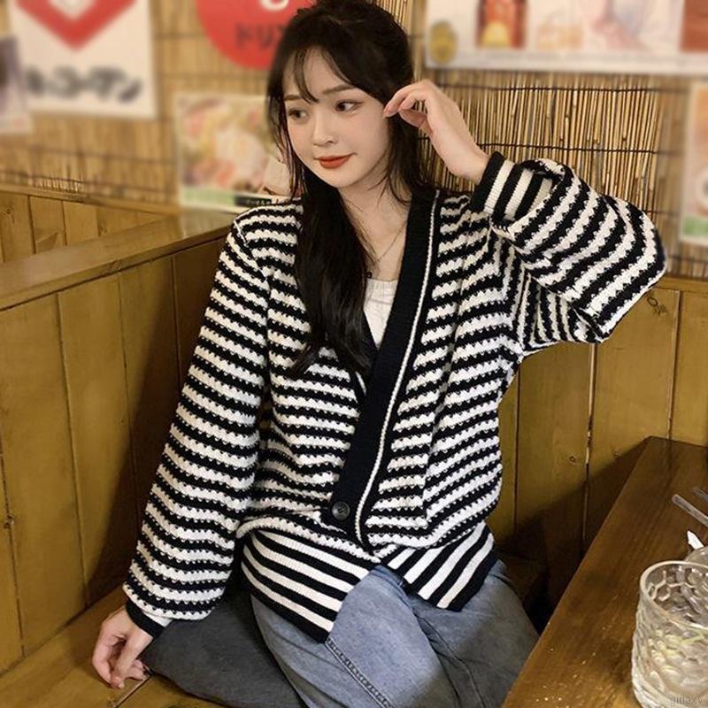 Áo khoác cardigan dệt kim cổ chữ V tay dài dáng rộng họa tiết kẻ sọc phong cách retro Hàn Quốc cho nữ