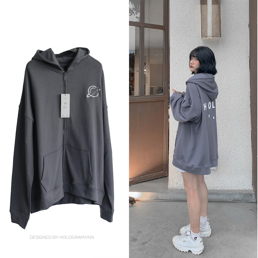 Basic hoodie zip Holo- Xám (Tặng kèm túi Tote Hologram) | BigBuy360 - bigbuy360.vn