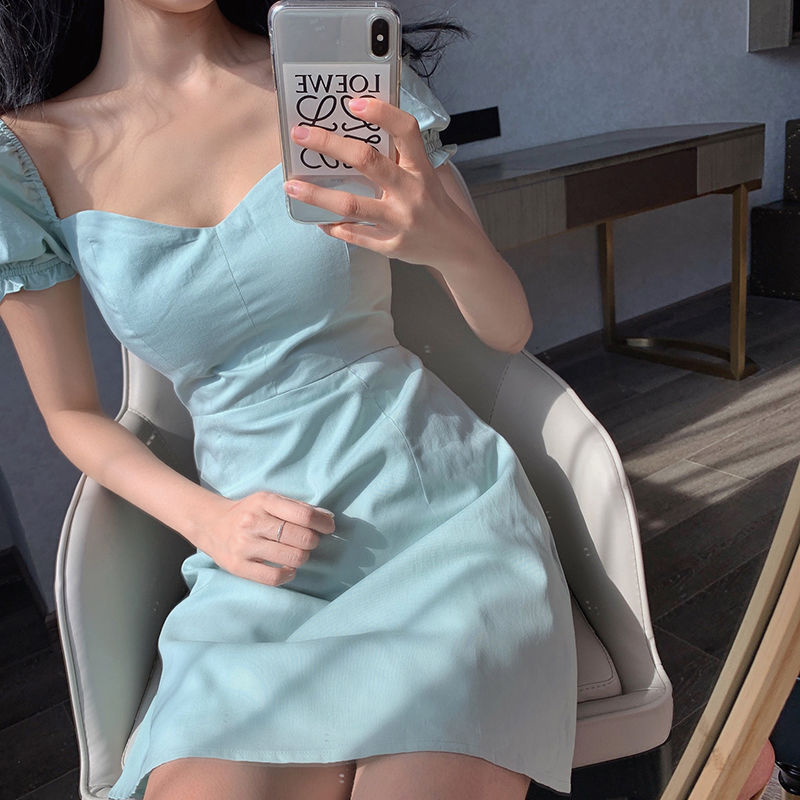 Đầm Chữ A Cổ Vuông Tay Phồng Màu Xanh Bạc Hà Thời Trang | BigBuy360 - bigbuy360.vn