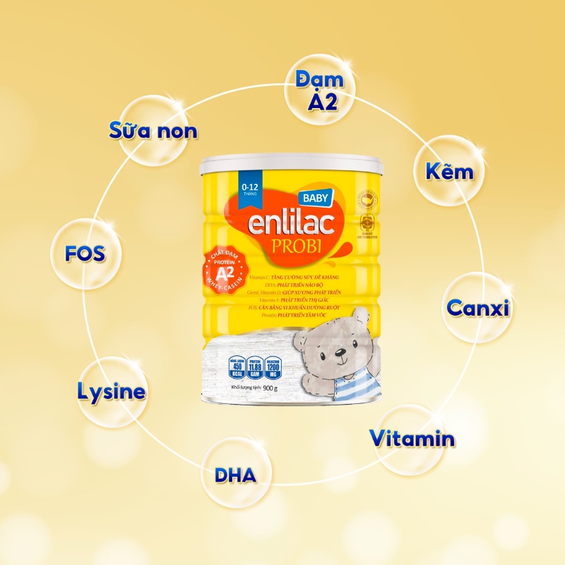 Sữa Cho Trẻ Sơ Sinh Giúp Ăn Ngon, Tiêu Hoá Tốt, Tăng Cường Hệ Miễn Dịch Enlilac Probi Protein A2 Baby Hộp 900g