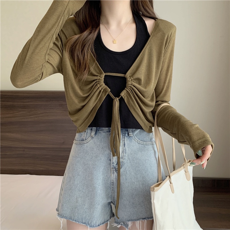 SUXI Áo Kiểu Tay Dài Cổ Chữ V Phối Dây Rút Mỏng Chống Nắng Phong Cách Hàn Quốc Thời Trang Mùa Hè Cho Nữ