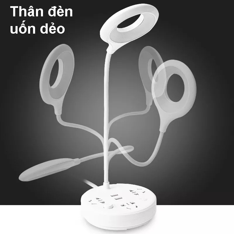 Đèn Bàn LED Cảm ứng, 2 USB sạc Điện thoại vào nhanh, 3 ổ cắm điện 2500W, Kèm giá đỡ điện thoại TS18