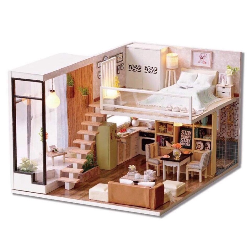 (Tặng mica,keo sữa,đèn)Mô hình nhà búp bê bé tự lắp ráp đô chơi bằng gỗ Diy doll house L020