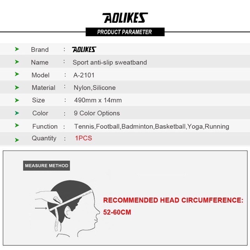 Băng Đô Thể Thao Headband Aolikes A-2101 Thấm Hút Mồ Hôi Trán