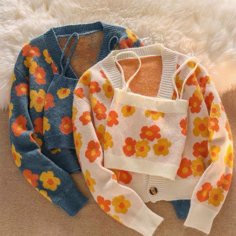 Set áo cardigan kèm áo 2 dây len hoa rực rỡ hàng QC