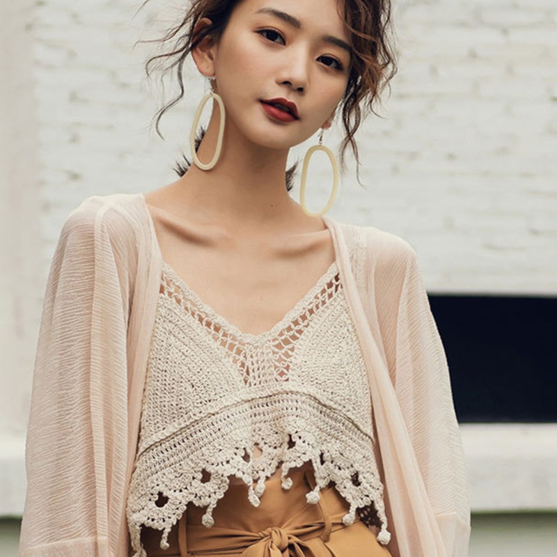 Áo Croptop Dệt Kim Sát Nách Dáng Rộng Cổ Chữ V Phối Tua Rua Thời Trang Đi Biển Cho Nữ