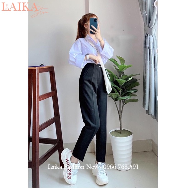 Quần tây baggy đi học nữ lưng cao cạp có đai màu xanh đen dáng dài - Quần baggy vải học sinh dày co giãn nhẹ mặc đi học