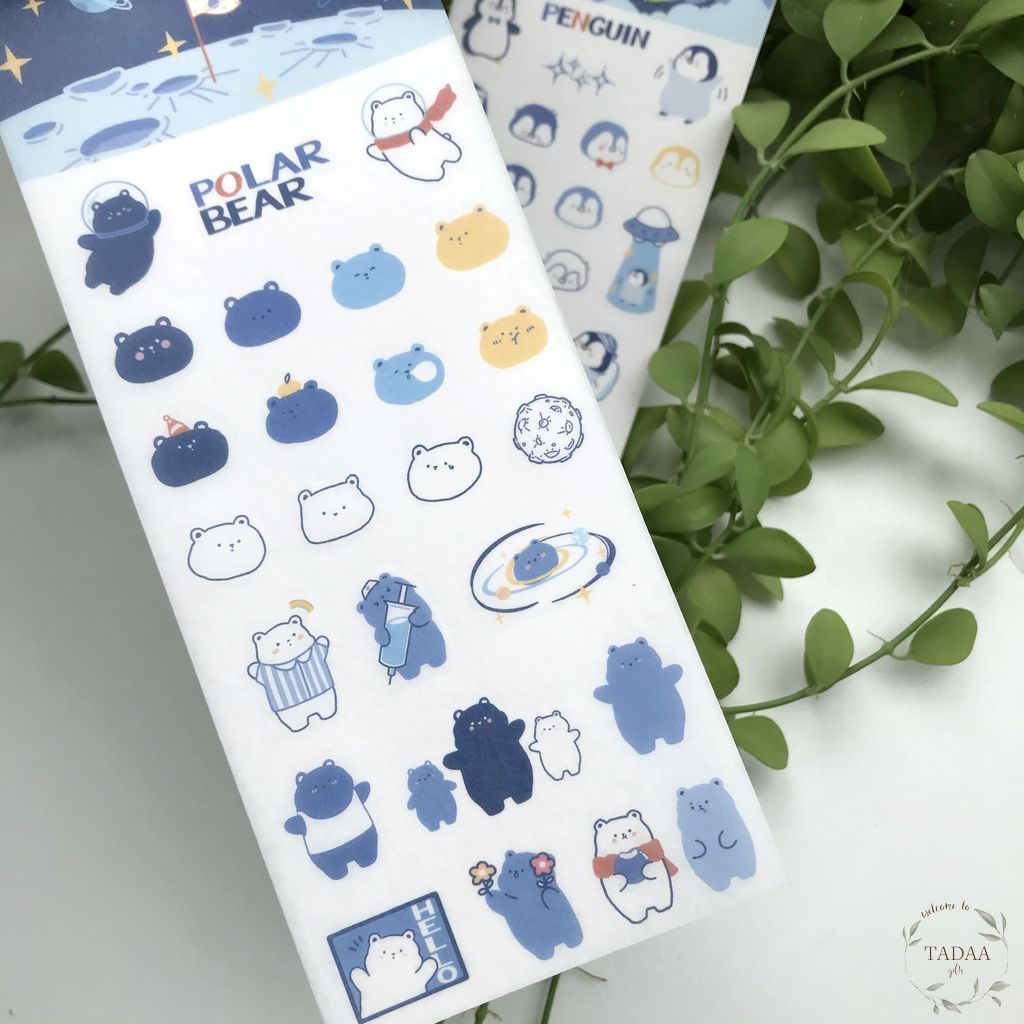 Sticker gấu xanh và chim cánh cụt xanh cute trang trí sổ tay, nhật ký, bullet journal
