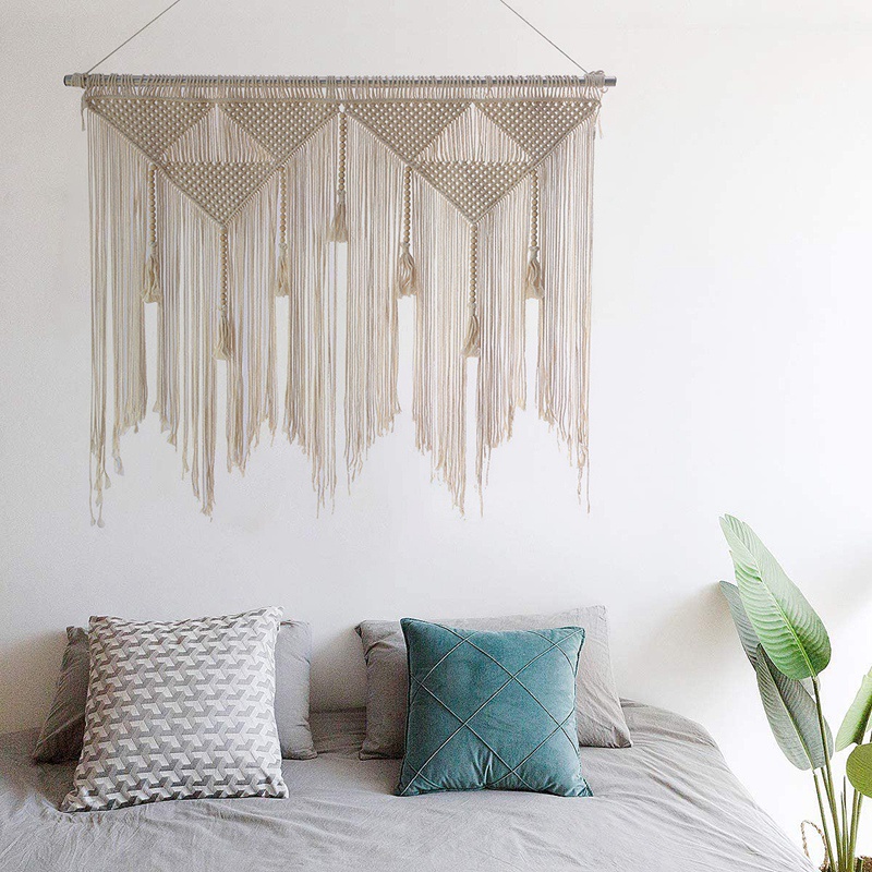 Rèm Macrame Treo Tường Đan Sợi Màu Trắng Be Tua Rua Trang Trí Phông Nền Nhà Cửa (Không Bao Gồm Thanh Gỗ)