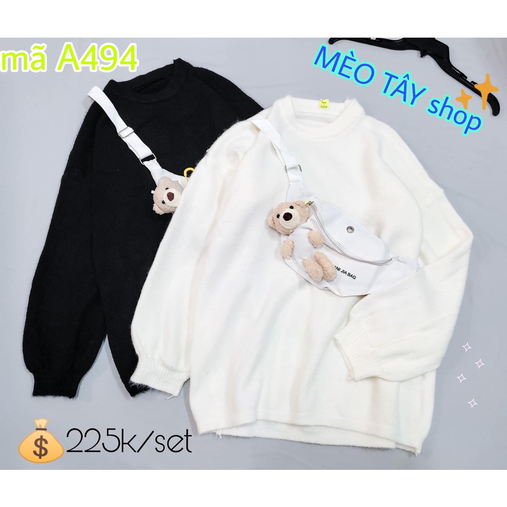 (SIÊU RẺ SIÊU ĐẸP)Áo len form rộng giấu quần đi kèm túi gấu cài siêu cute MÃ A494