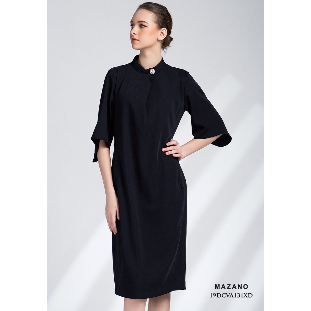 Váy xanh suông xếp ly cổ MAZANO MS 19DCVA131XD