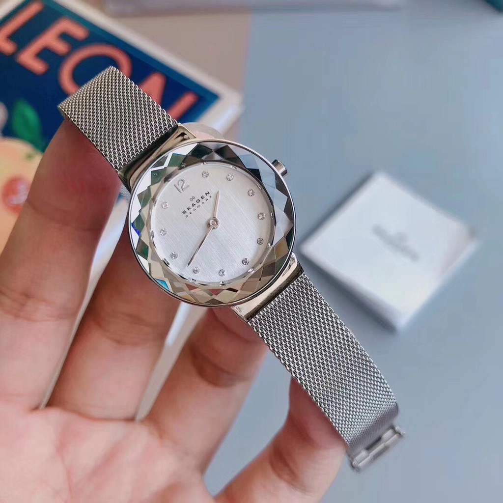 Đồng Hồ Nữ Skagen Leonora 456SSS Silver Tone Dây Thép Dạng Lưới Size 28mm - Fullbox