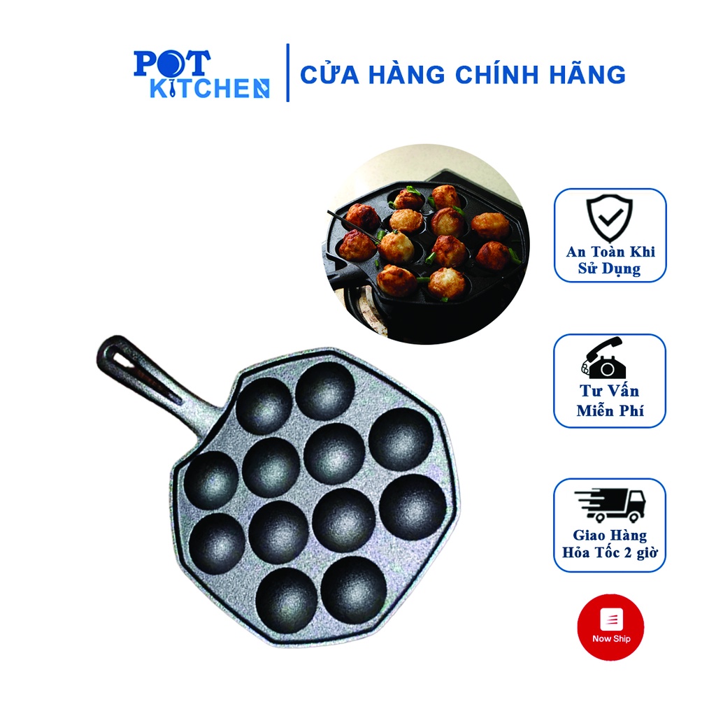 Chảo nướng bánh Takoyaki không dính, Khuôn làm bánh bạch tuộc Nhật Bản size 12 lỗ đúc bằng hợp kim POT KITCHEN