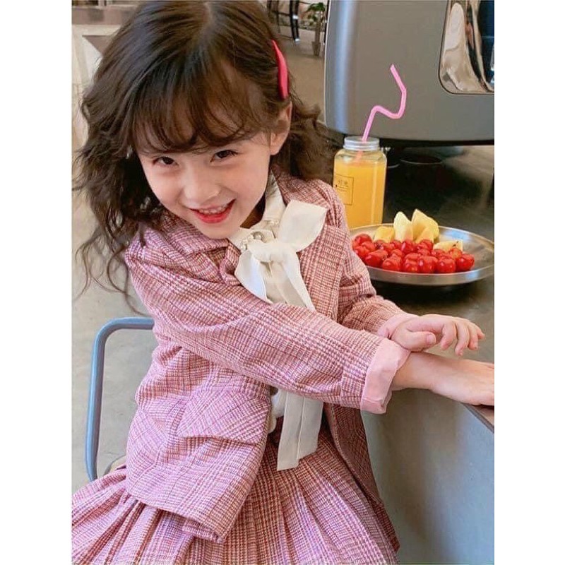 Vải đẹp DẠ TEXT kẻ hồng may váy set vest