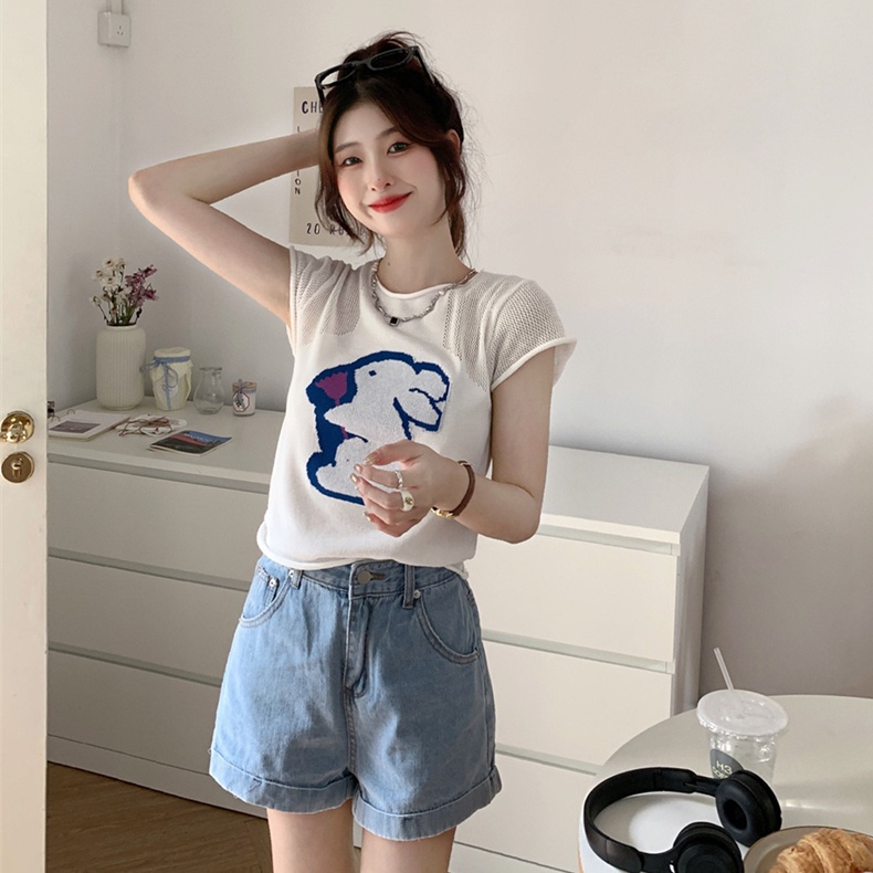 Áo thun ZHELIHANGFEI dệt kim ngắn tay thêu họa tiết xinh xắn thời trang