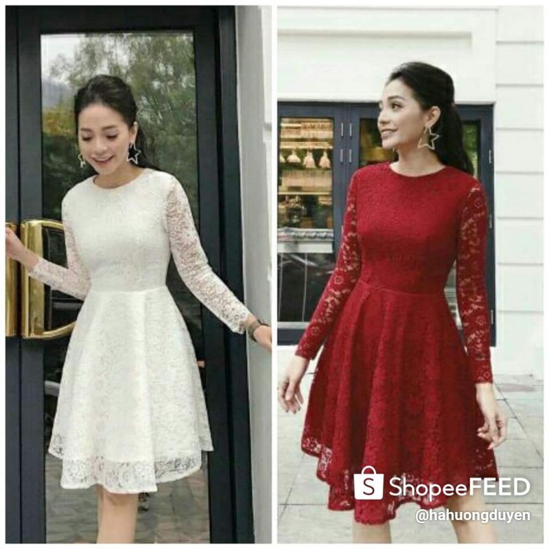Sẵn xả lỗ Váy ren dài tay dáng ngắn / váy ren chữ a dài tayTIỂU THƯ / VÁY REN thiết kế DÀI TAY dự tiệc