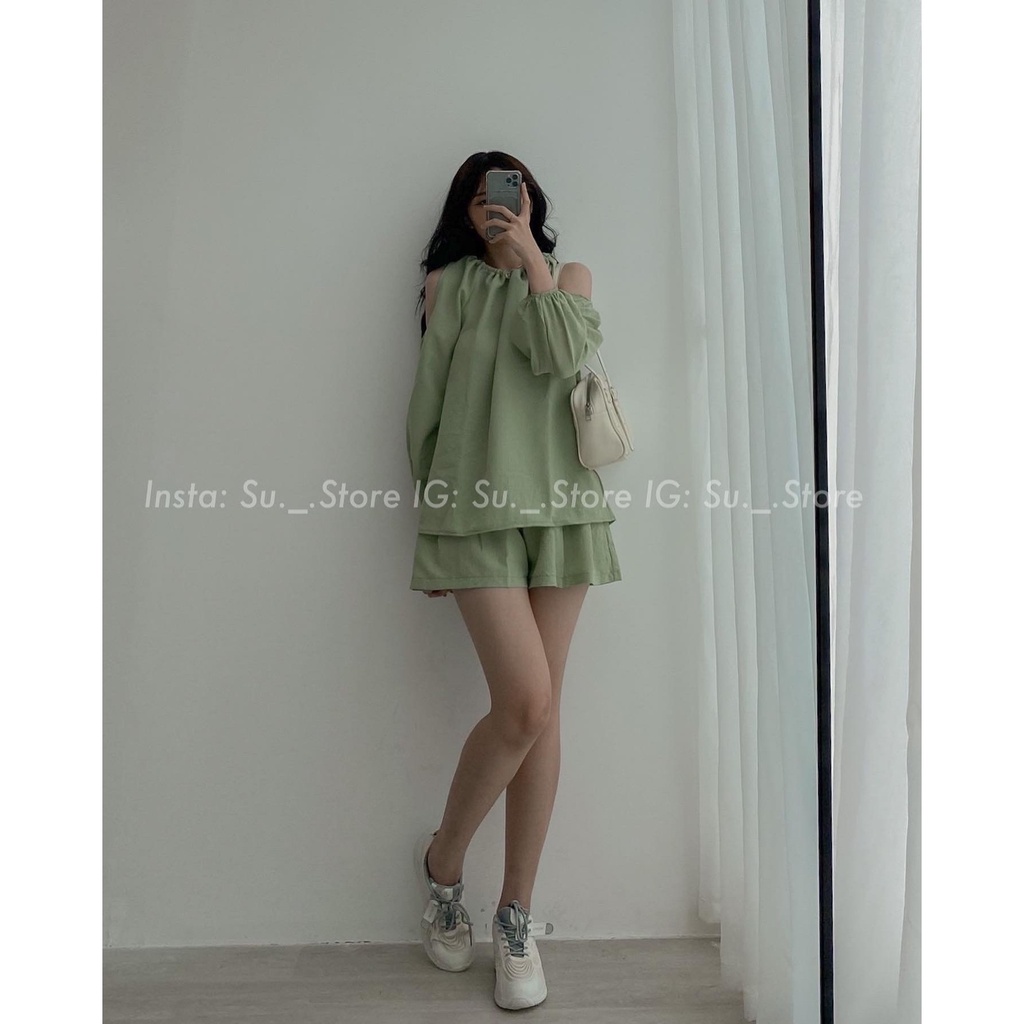 Set áo khoét vai nơ buộc kèm quần sooc S325 SUSTORE