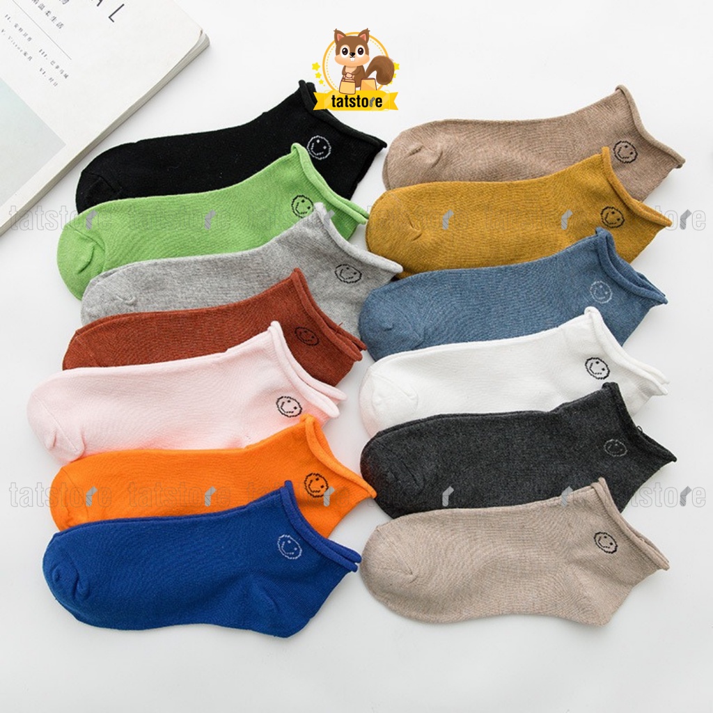 Tất nữ cổ thấp vớ trơn basic phong cách Hàn Quốc cute họa tiết hoạt hình mặt cười TẤT STORE 1CNF13