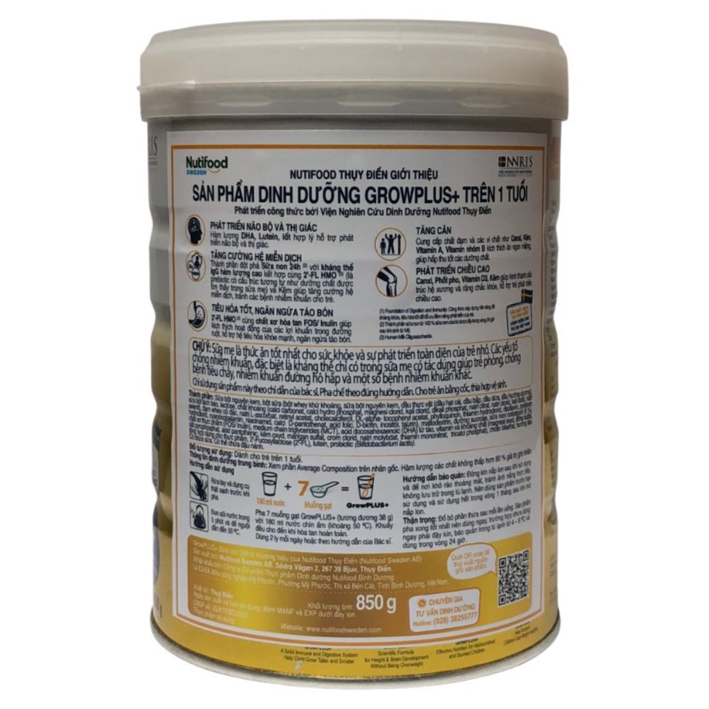 Sữa bột Nutifood Thụy Điển Grow plus+ 100% sữa non 24h Colostrum từ Mỹ số 0+/1+ hộp 850g