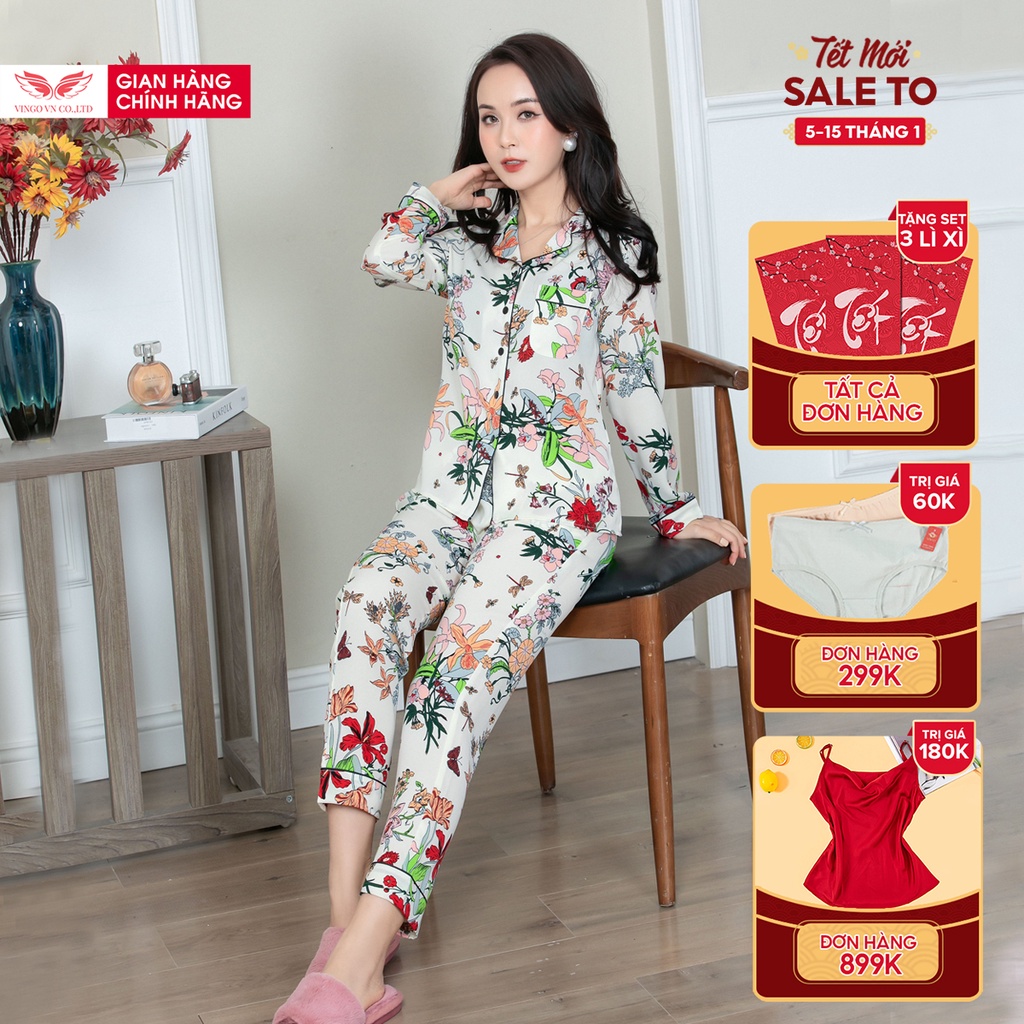 Đồ bộ nữ pyjama mặc nhà VINGO tay dài quần dài có eo mùaThu Đông ấm cát Hàn cao cấp họa tiết hoa và lá H615 - TDQD