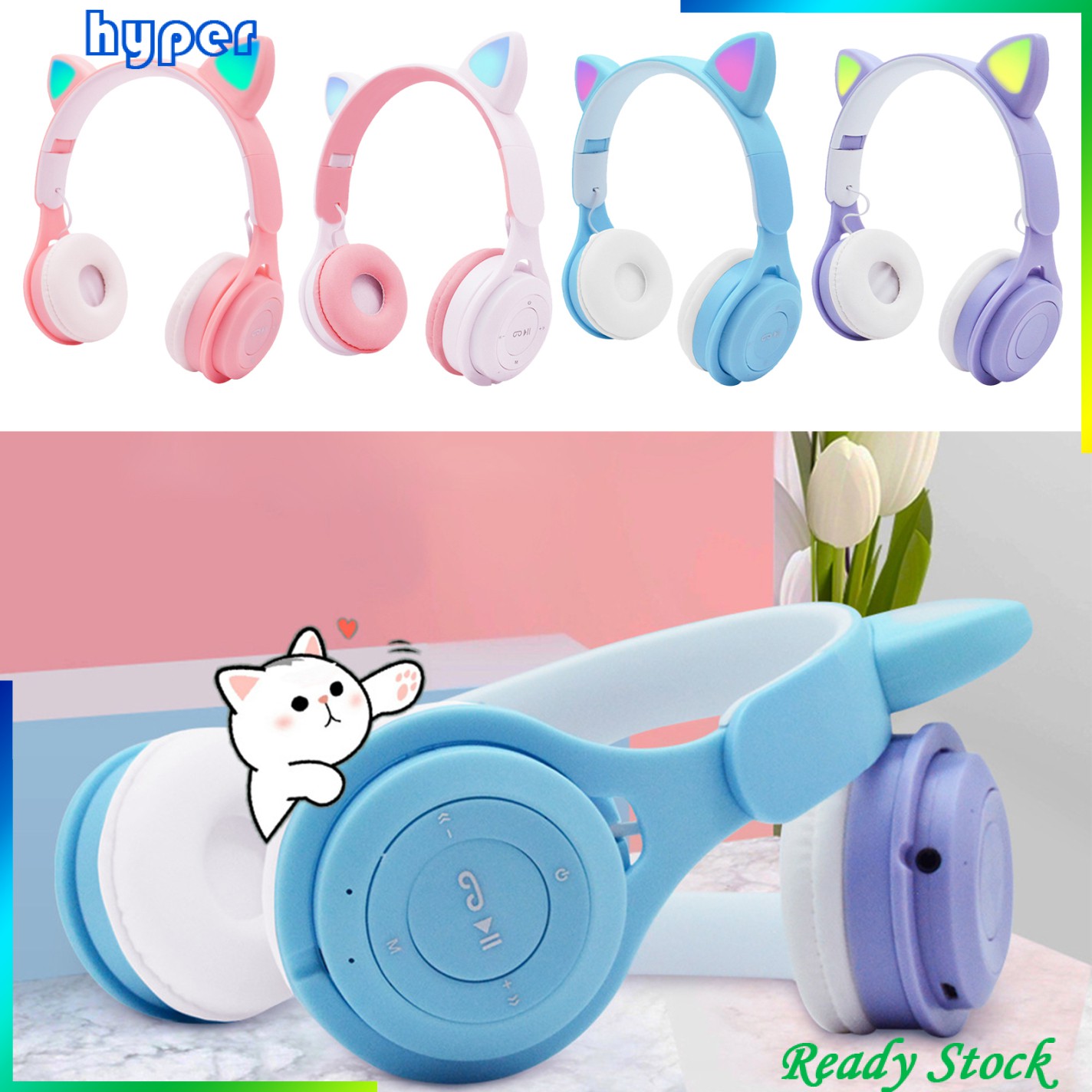 Tai Nghe Chụp Tai Hình Tai Mèo Không Dây Có Đèn Led Và Mic | BigBuy360 - bigbuy360.vn