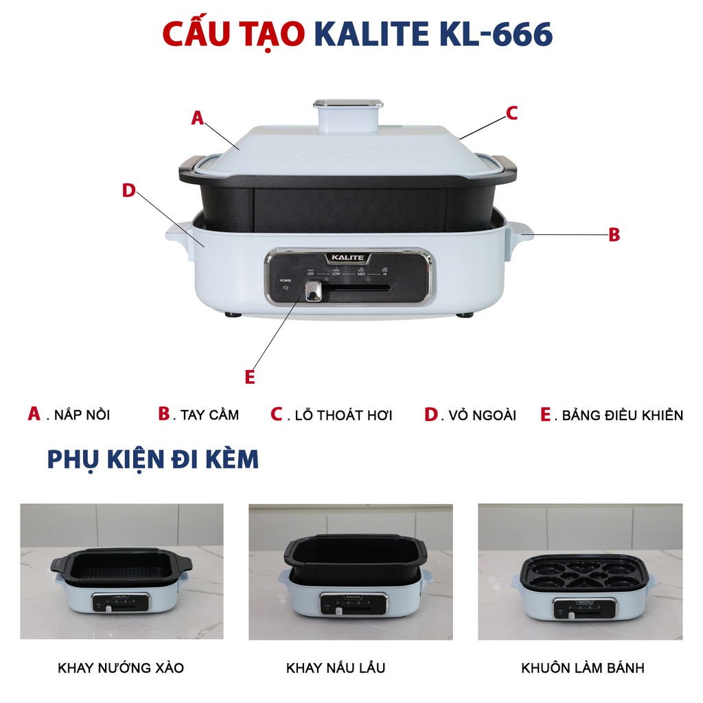 Nồi lẩu nướng đa năng công suất 1300W KALITE KL 666 dung tích 4L hàng chính hãng