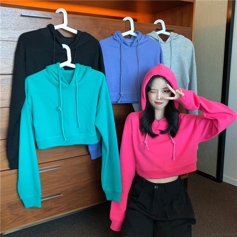 Áo Hoodie Lửng Tay Dài Dáng Rộng Màu Trơn Cá Tính Cho Nữ