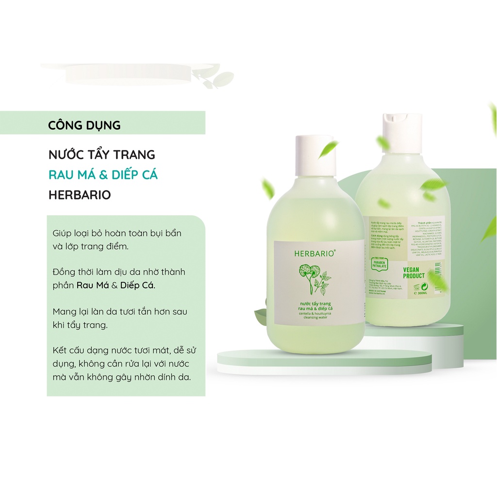 Nước tẩy trang Rau Má &amp; Diếp Cá Herbario 300ml thuần chay cho da mụn, da dầu