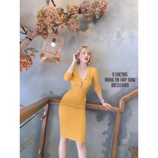 Đầm body thun gân phối nút
