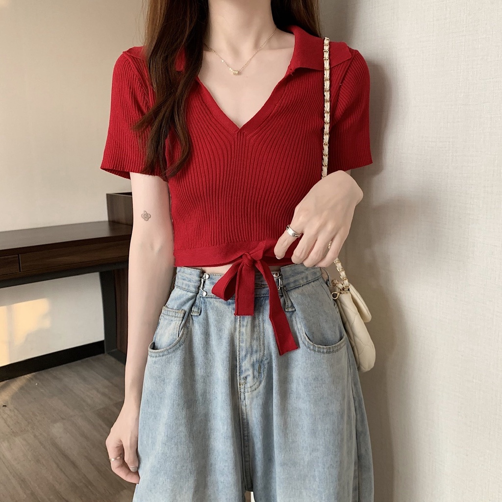 Áo Dệt Kim Ngắn Tay Cổ Chữ V Thắt Dây Thời Trang