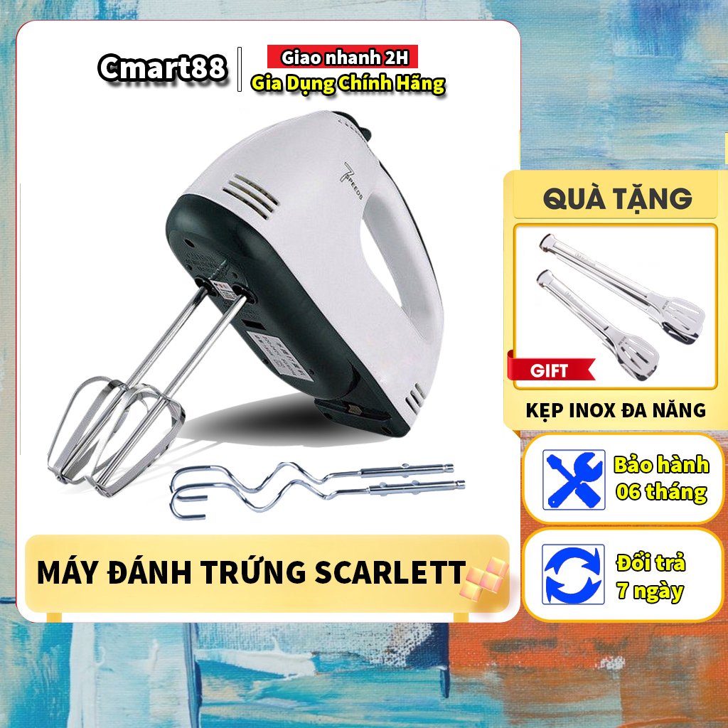 Máy đánh trứng cầm tay chính hãng SCARLETT 7 cấp độ công suất 260W - Thép bền bỉ, Tặng kèm kẹp thức ăn inox tiện lợi