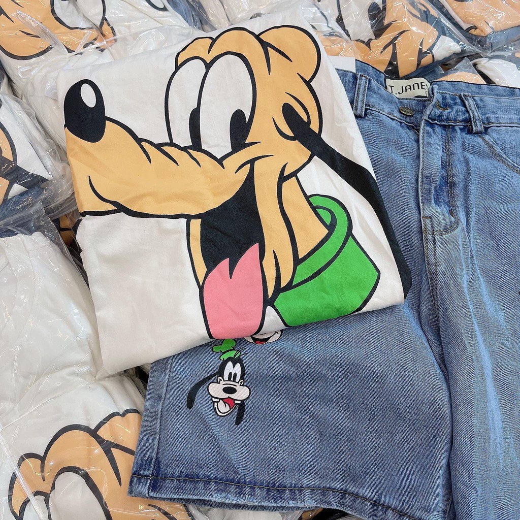 [SET ĐỒ BỘ] Set Trang Phục Nữ, Set Đồ Nữ Áo Phông Trắng+ Quần Jeans Hình Hoạt Hình_Năng Động | BigBuy360 - bigbuy360.vn