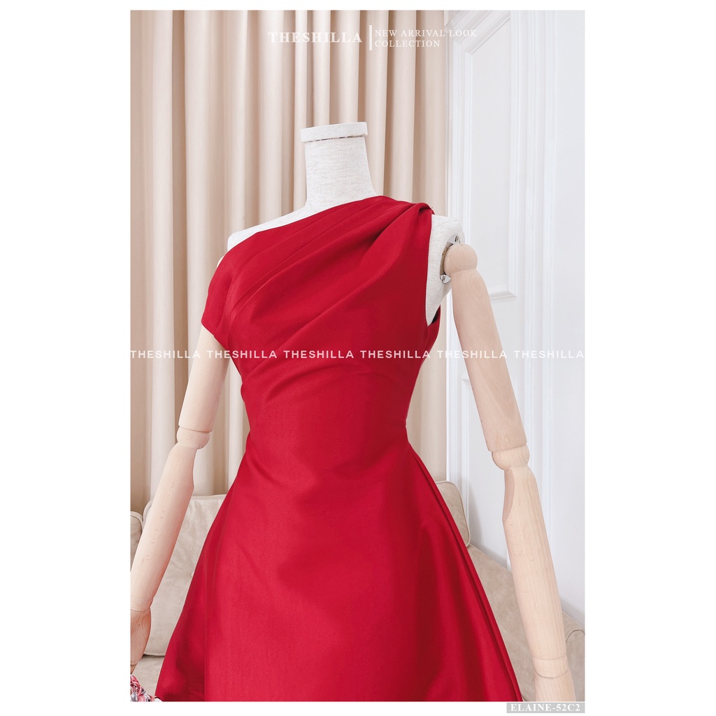 Váy thiết kế cao cấp màu đỏ lệch vai xếp ly ngực form dài sang trọng [ Có video + Ảnh thật ] The Shilla - Elaine-52C2