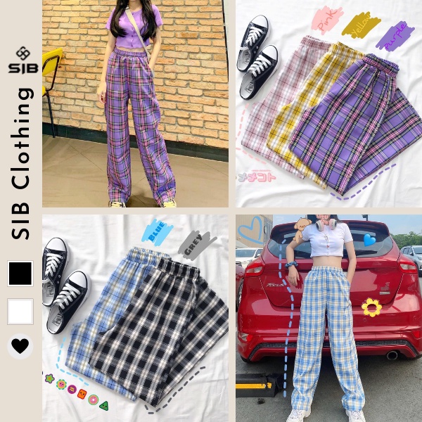 Quần caro ống rộng nữ quần kẻ sọc ống suông nhiều màu phong cách ulzzang SIB036