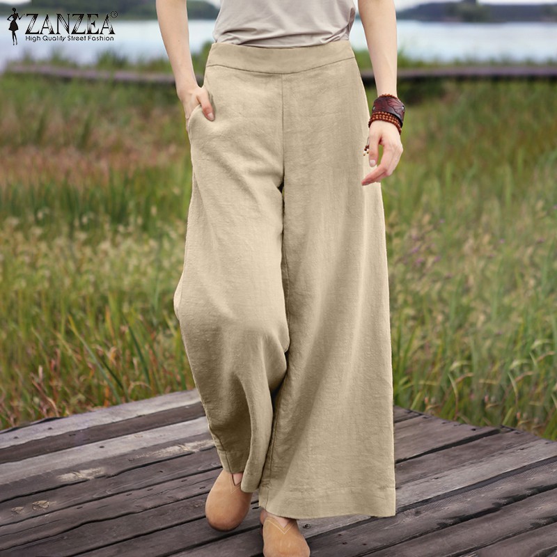 Quần Dài ZANZEA Ống Rộng Màu Trơn Thời Trang Cho Nữ