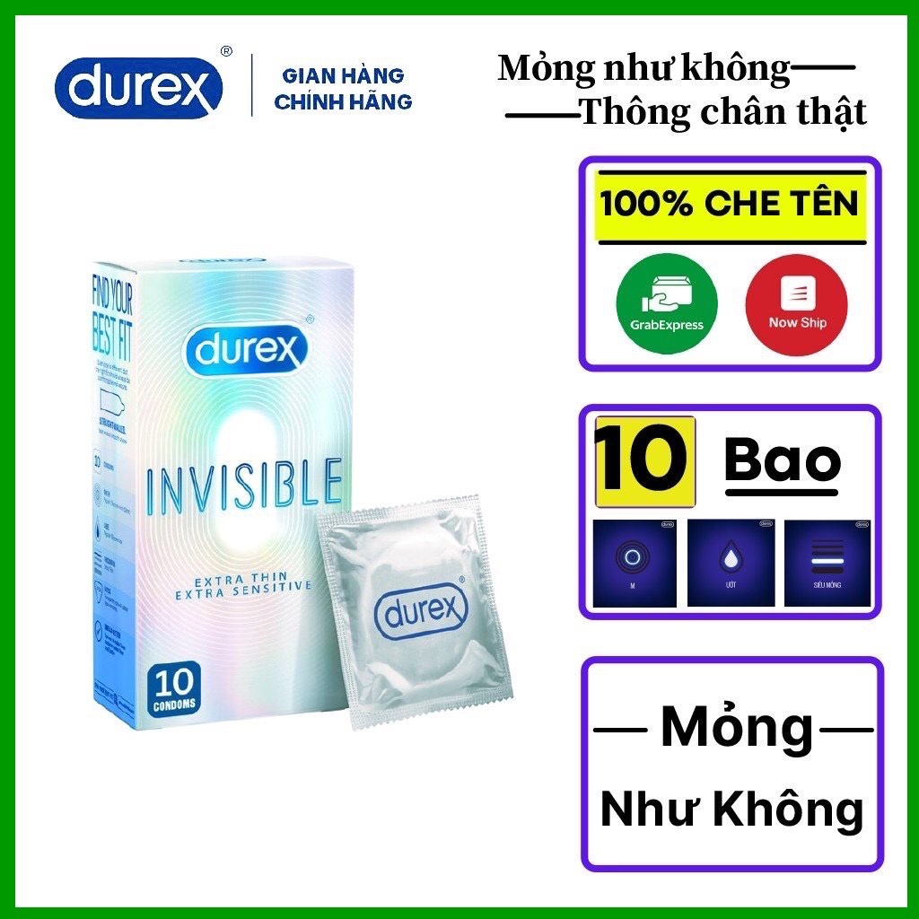 Bao Cao Su Durex Invisible Siêu Mỏng, BCS Kéo Dài Thời Gian Quan Hệ, Chống Xuất Tinh Sớm