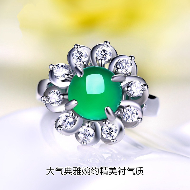 Nhẫn mạ bạc đính đá mã não xanh lá phong cách hàn quốc