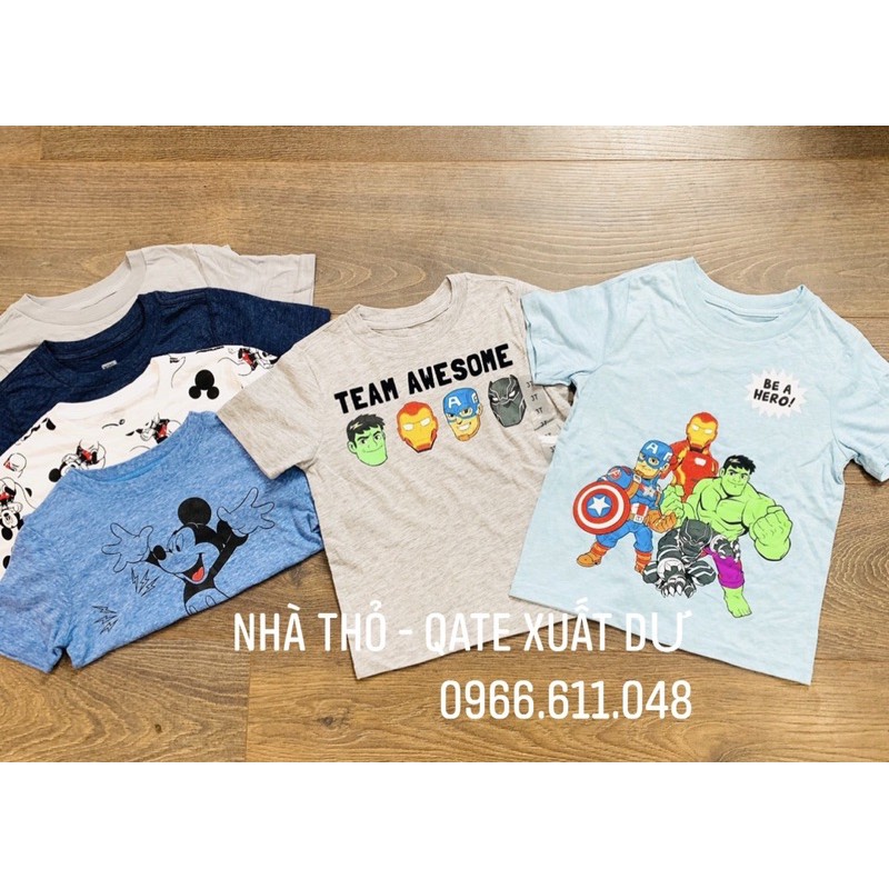 Áo Phông cộc tay Cotton Cho Bé Trai Cổ Họa Tiết Siêu Nhân, Người Nhện, Mickey cho bé trai xuất xịn Từ 6 Đến 30kg