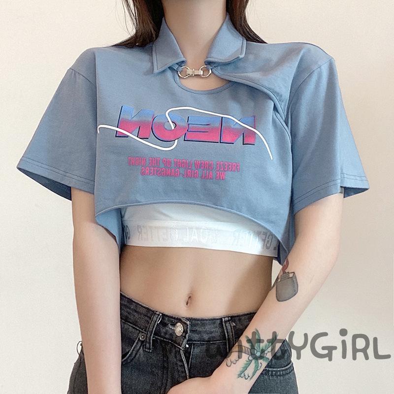 Áo Thun Crop Top Tay Ngắn Lệch Vai Cổ Bẻ In Chữ Phối Khóa Kim Loại Cho Nữ