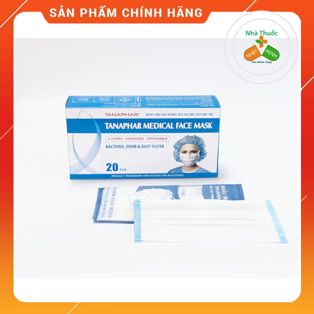 [Chính Hãng] Hộp Khẩu Trang Y Tế TANAPHAR 3 Lớp Đã Tiệt Trùng, 20 Chiếc, Màu Trắng